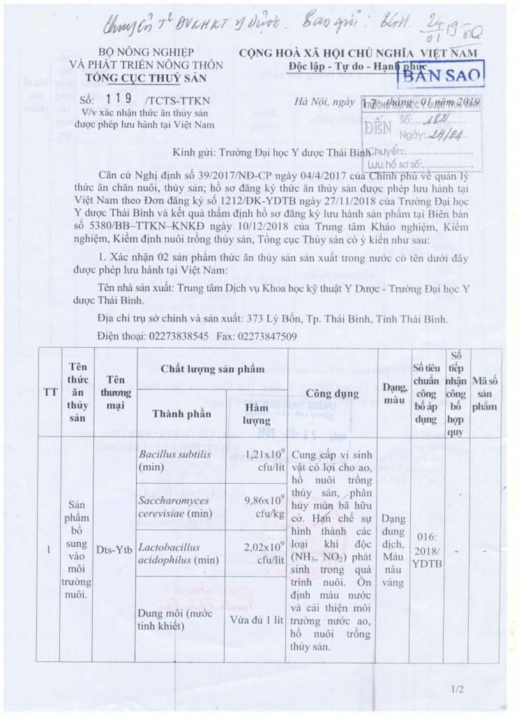 119/TCTS-TTKN xác nhận thức ăn thuỷ sản được phép lưu hành tại Việt Nam (DTS-YTB)