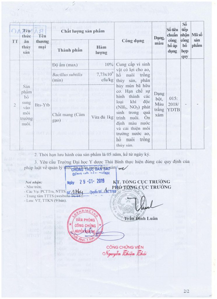 119/TCTS-TTKN xác nhận thức ăn thuỷ sản được phép lưu hành tại Việt Nam (BTS-YTB)
